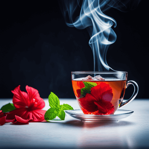 An image showcasing a steaming cup of vibrant hibiscus tea, infused with delicate rose petals and fresh mint leaves