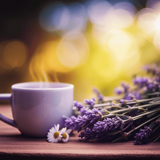 An image featuring a cozy, rustic wooden table adorned with a steaming cup of chamomile tea, surrounded by vibrant sprigs of soothing lavender, thyme, and eucalyptus leaves