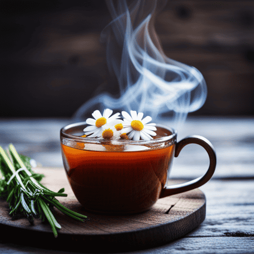 An image showcasing a steaming cup of chamomile tea blended with fresh mint leaves, accompanied by a sprig of rosemary, all placed on a rustic wooden tray, evoking a soothing and aromatic herbal remedy for digestion