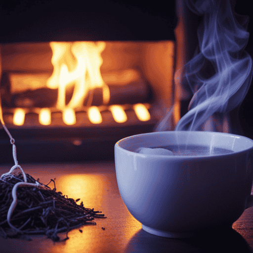 An image showcasing a cozy scene with a steaming cup of herbal tea, infused with soothing herbs like marshmallow root and licorice, accompanied by a delicate wisp of steam rising from the cup, providing relief for a dry cough