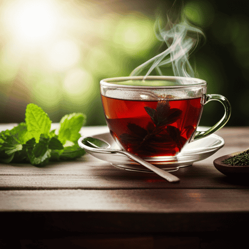 An image showcasing a steaming cup of aromatic peppermint tea, surrounded by fresh peppermint leaves and fennel seeds