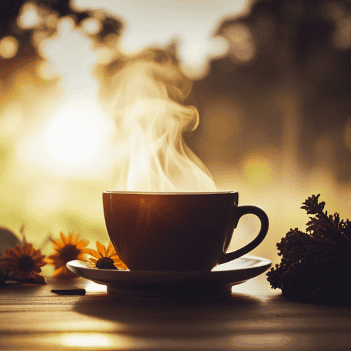 An image showcasing a soothing cup of steaming herbal tea, infused with anti-inflammatory herbs like turmeric, ginger, and chamomile