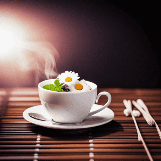 An image showcasing a warm cup of chamomile tea gently steaming, with a hint of lavender flowers floating on the surface