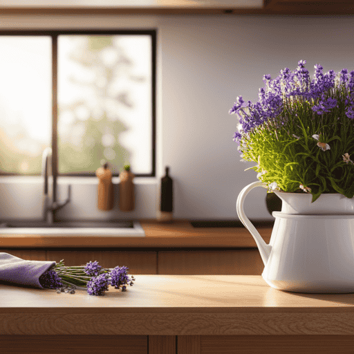 An image showcasing a serene, sunlit kitchen adorned with delicate, blooming chamomile and lavender plants, surrounded by a variety of herbal tea blends specifically recommended for postpartum recovery