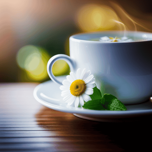 An image showcasing a comforting cup of chamomile tea, its steam rising gently from the delicate porcelain, surrounded by soothing mint leaves, ginger slices, and fennel seeds, all offering relief for a troubled tummy