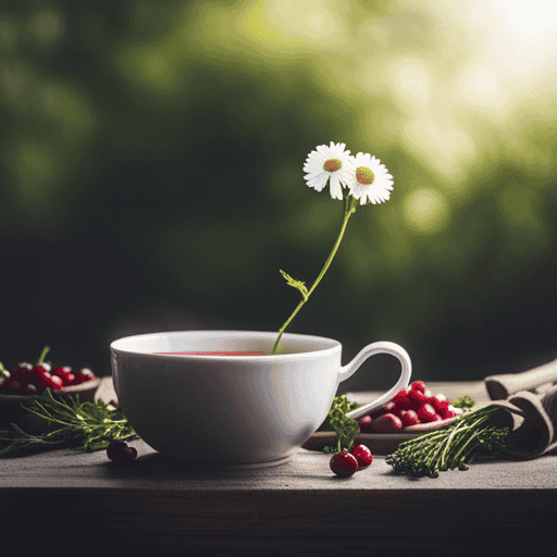 An image showcasing a warm cup of chamomile tea infused with fresh cranberries and a sprig of parsley, surrounded by vibrant green herbs like dandelion, horsetail, and uva ursi