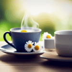 An image showcasing a serene setting with a cup of steaming chamomile tea, surrounded by vibrant chamomile flowers, highlighting its anti-inflammatory properties for arthritis relief