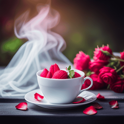 An image showcasing a delicate porcelain teacup filled with a vibrant pink herbal infusion, steam rising gently from its surface