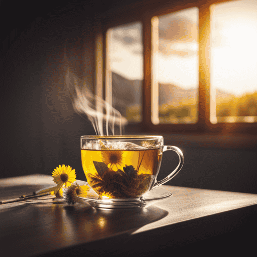 An image showcasing a serene cup of herbal tea, adorned with vibrant leaves of kidney-friendly herbs like chamomile, dandelion, and nettle