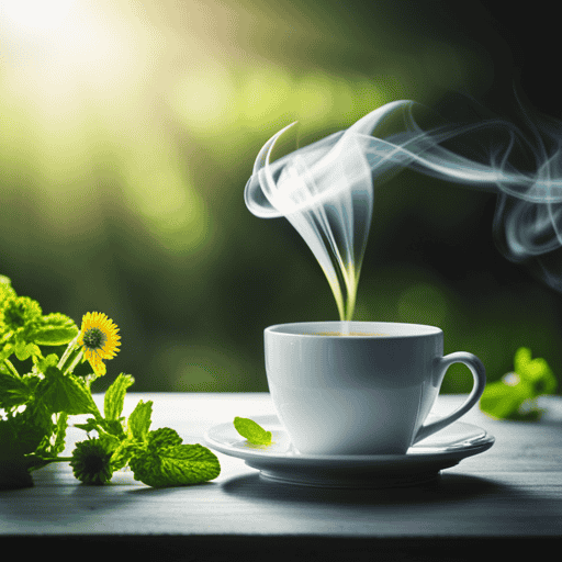 An image featuring a serene, green-toned scene with a cup of herbal tea surrounded by vibrant mint leaves, chamomile blossoms, and fennel seeds