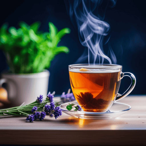 An image showcasing a serene scene of a steaming cup of chamomile tea, surrounded by fresh lavender and gentle mint leaves