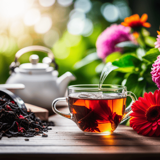 An image showcasing a visually stunning collection of various herbal tea leaves and botanical ingredients, steeping in delicate glass teapots, emitting aromatic steam, and surrounded by vibrant, blooming flowers