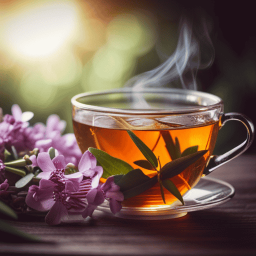 An image showcasing a steaming cup of aromatic eucalyptus herbal tea, surrounded by fresh eucalyptus leaves and blossoming thyme sprigs, evoking a soothing sensation to relieve a congested chest