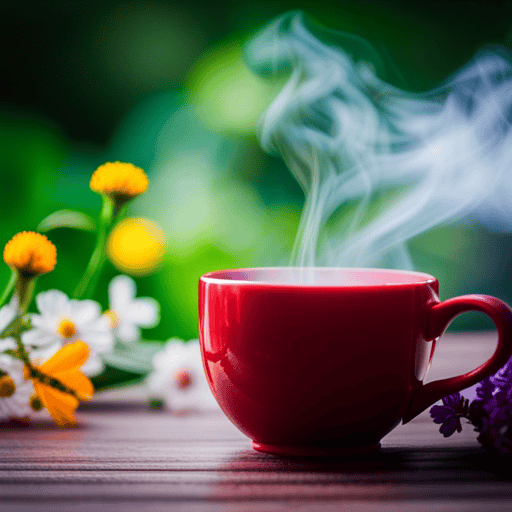 An image showcasing a serene scene with a warm mug of herbal tea steeping, surrounded by an array of vibrant, aromatic herbs and flowers