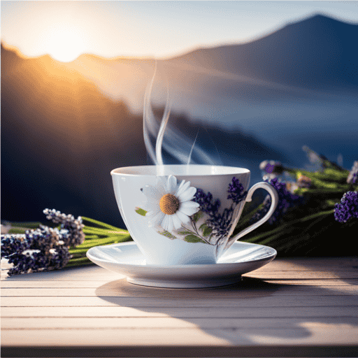 An image of a serene, botanical scene showcasing a delicate porcelain teacup filled with soothing chamomile tea, accompanied by sprigs of fresh lavender and a gentle stream of steam, evoking relaxation and embodying the topic of herbal remedies for menstrual cycle regulation