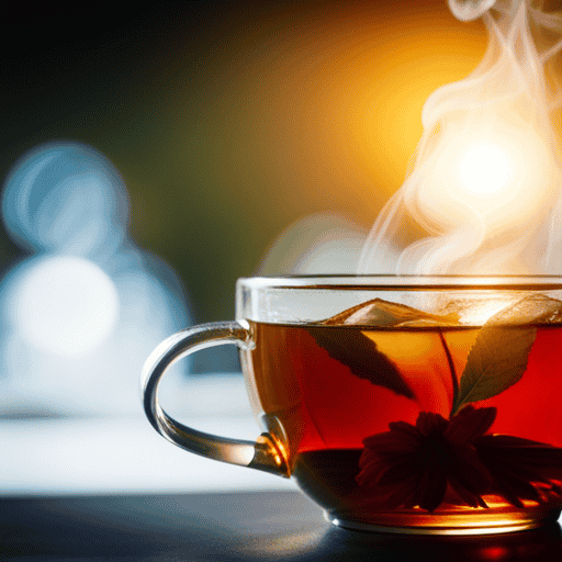 An image showcasing a steaming cup of herbal tea that closely resembles the rich, amber hue and delicate flavor of traditional tea