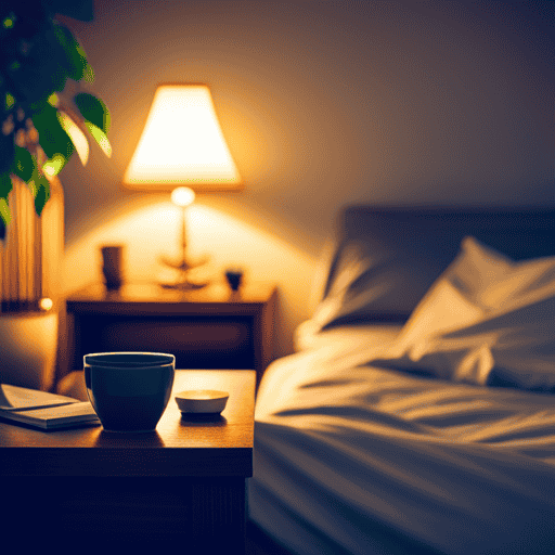 An image showcasing a serene bedroom scene at night, with a warm cup of herbal tea infused with turmeric on a nightstand next to a cozy bed covered in soft blankets and pillows, inviting relaxation and restful sleep