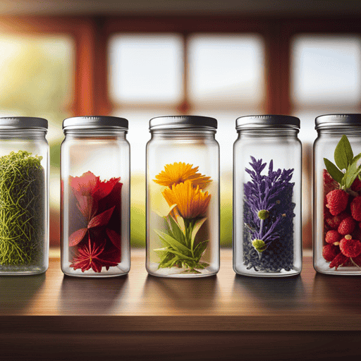 An image showcasing a variety of vibrant herbal tea leaves, elegantly arranged in transparent glass jars, each labeled with unique flavors like chamomile, lavender, peppermint, and hibiscus, enticing readers to discover their ideal herbal tea through an engaging quiz