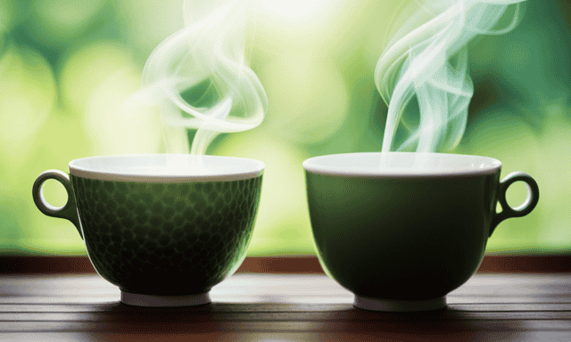 An image showcasing two elegant teacups, one filled with vibrant green tea and the other with rich oolong