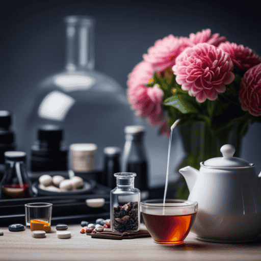 An image that showcases two contrasting scenes side by side - one with a steaming cup of fragrant high biscuits flower tea, surrounded by fresh flowers, and the other with a bottle of supplement pills, surrounded by laboratory equipment and chemical formulas