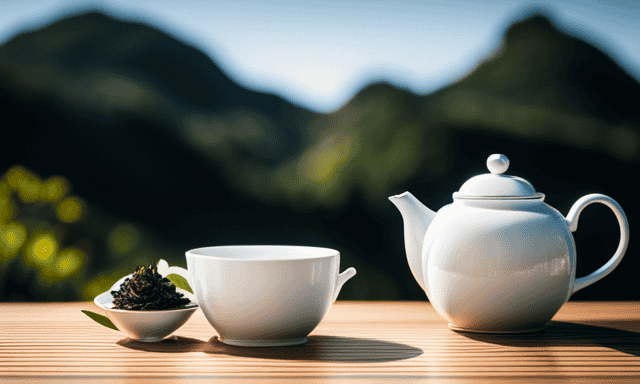 An image showcasing a serene setting with a minimalist teapot and teacup, filled with delicate white tea leaves on one side, and a vibrant teapot and teacup, brimming with rich oolong leaves on the other