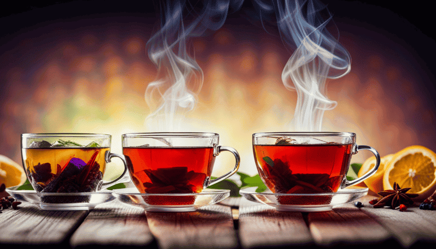 An image showcasing two steaming cups of tea side by side - one with a vibrant blend of exotic spices, herbs, and fruits representing Yogi Tea, and the other with a classic mixture of traditional medicinal herbs