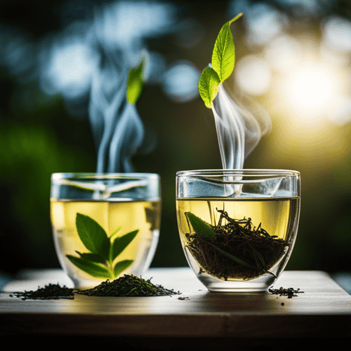 An image showcasing two pristine glass cups filled with steaming green tea and herbal tea