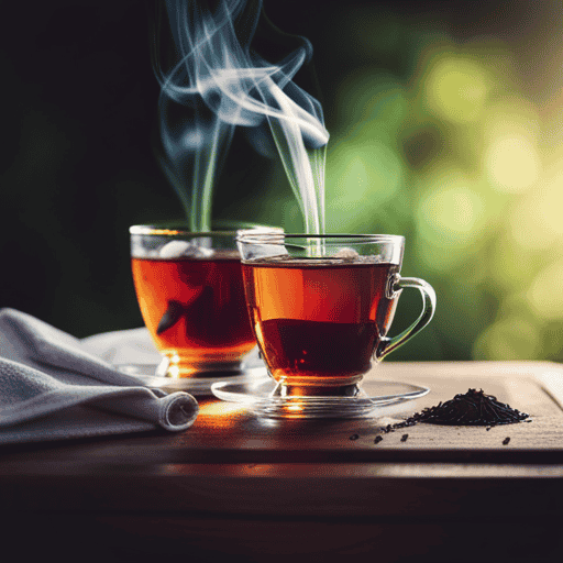 An image showcasing two steaming cups of tea side by side – one filled with rich, dark black tea, and the other adorned with vibrant, fragrant herbal ingredients