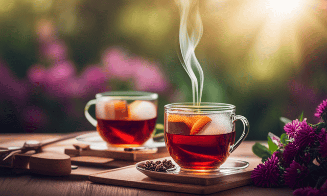 An image showcasing two steaming cups of tea side by side, one filled with rich amber-colored honeybush tea, and the other with vibrant red rooibos tea