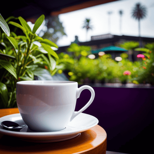 An image showcasing two contrasting scenes: a lush, vibrant herbal tea garden filled with exotic plants and delicate tea leaves, juxtaposed with a bustling coffee shop adorned with extravagant espresso machines and artisanal coffee beans