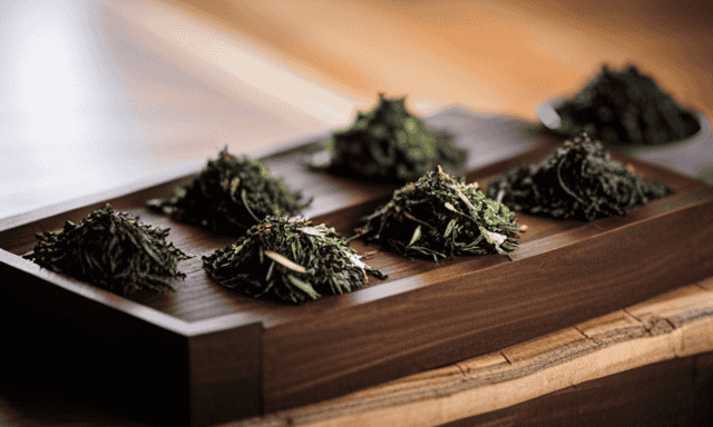 An image showcasing a collection of intricately rolled oolong tea leaves in varying shades of green, amber, and dark brown, elegantly arranged on a wooden tray, inviting readers to explore the nuanced flavors and aromas of different oolong tea varieties