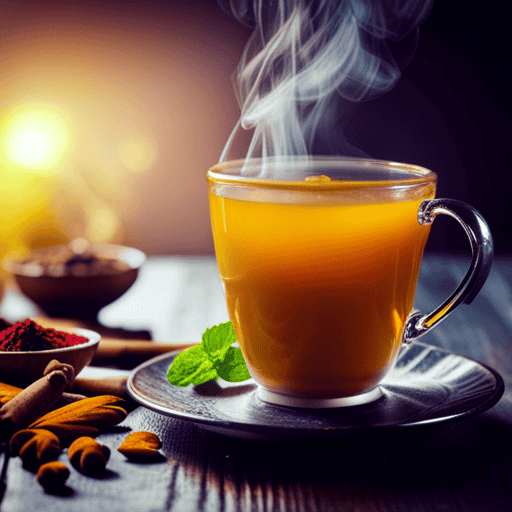 An image capturing a steaming cup of vibrant yellow turmeric tea, adorned with a sprig of fresh mint, surrounded by a diverse array of colorful spices, showcasing the enticing options available for combating inflammation