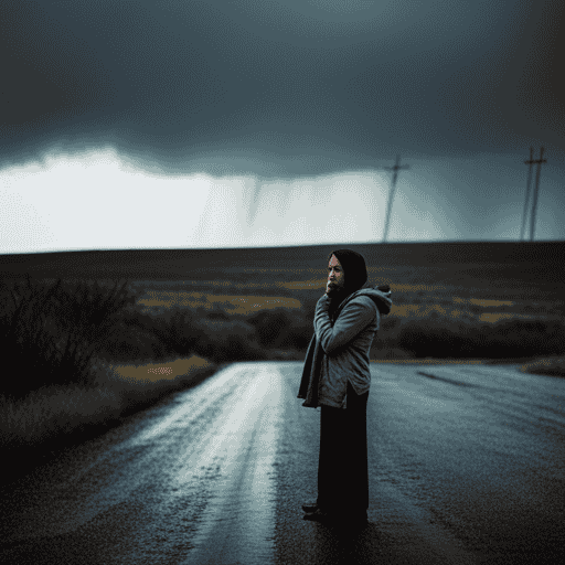 An image capturing the profound anguish of a woman experiencing postpartum depression, her sorrow overwhelming as she stands amidst a relentless downpour in a desolate landscape of Texas, her children lost in the depths of her despair