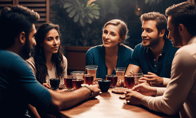 An image showcasing a diverse group of individuals, huddled around a table, engaged in animated conversations while enjoying Twelve Tribes' Yerba Mate