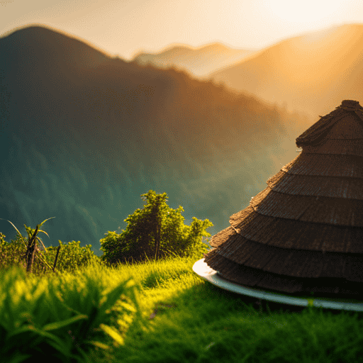 An image showcasing a serene mountain landscape with a tranquil tea garden nestled amidst lush greenery