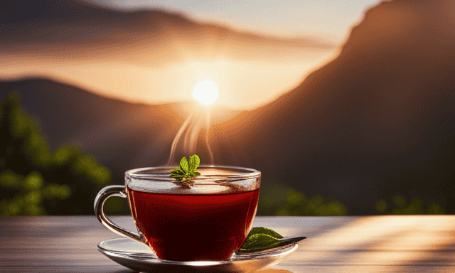 An image capturing the essence of a steaming cup of Rooibos tea, beautifully garnished with a sprig of fresh mint, against the backdrop of an African sunset, showcasing the rich reddish hue and inviting aroma