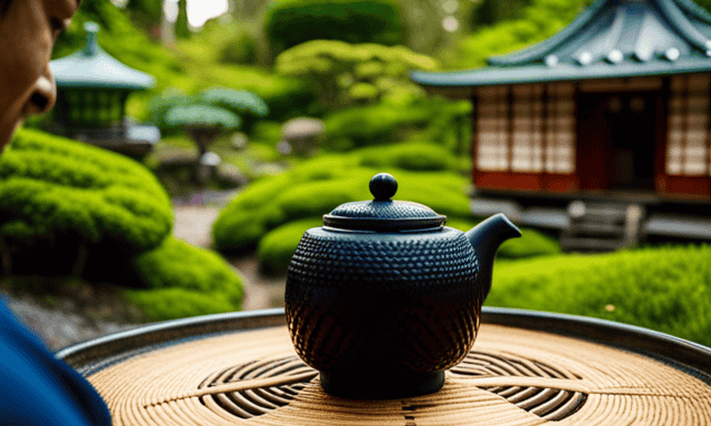 An image showcasing a serene Japanese tea garden, with a traditional tea house in the background, surrounded by lush greenery