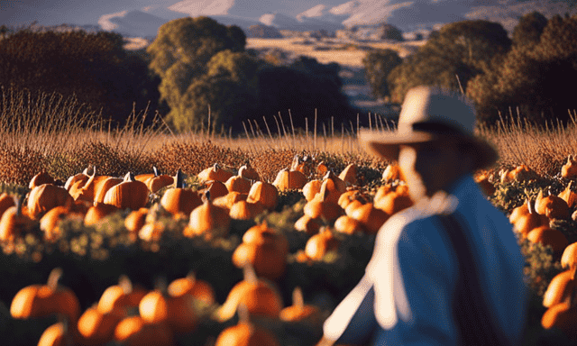 An image showcasing a bustling autumn harvest scene with a sun-kissed pumpkin patch surrounded by vibrant rooibos shrubs, where skilled artisans carefully handpick and blend the ingredients for Trader Joe's Pumpkin Spice Rooibos