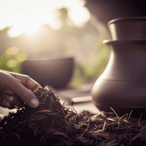 An image showcasing the intricate process of crafting Yogi Tea, capturing skilled artisans in a serene tea garden, meticulously blending herbs, spices, and wisdom to produce the perfect brew - a true labor of love
