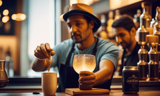 An image capturing the vibrant atmosphere of Guayaki Yerba Mate Bar California, featuring a bustling barista expertly crafting yerba mate drinks, customers immersed in conversation, and shelves adorned with various mate flavors and accessories