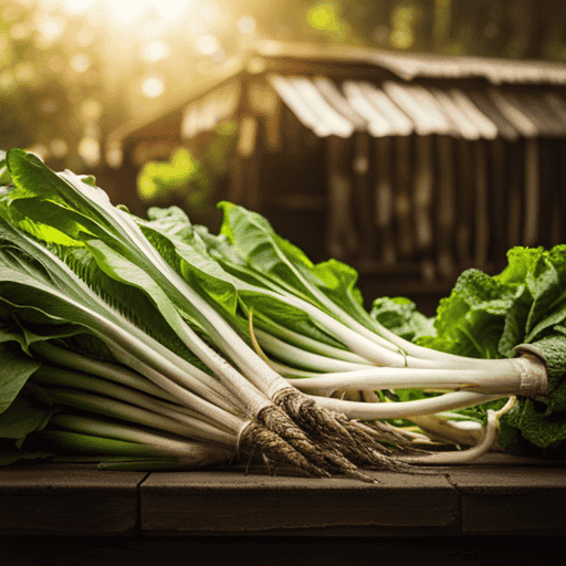 An image showcasing a rustic wooden marketplace stall adorned with vibrant, freshly harvested chicory roots