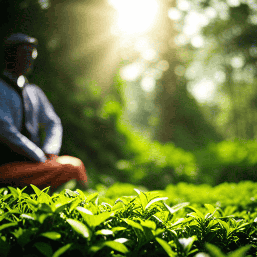 An image showcasing a serene, sunlit tea garden with lush, vibrant green tea leaves