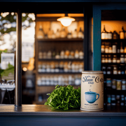 An image illustrating a serene herbal tea shop nestled amidst the picturesque landscape of Rhode Island