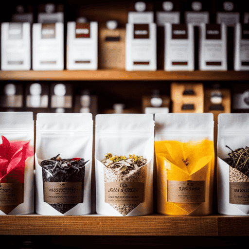 An image showcasing a vibrant display of assorted herbal tea blends, neatly arranged on wooden shelves, with delicate dried flowers and aromatic herbs beautifully adorning each package