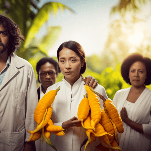 An image that portrays a diverse group of individuals, including pregnant women, people with gallbladder issues, and those on blood-thinning medications, standing behind a large, vibrant turmeric plant, symbolizing caution and their need to stay away from it