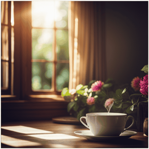 An image capturing the essence of "Who Sings Love And Herbal Tea" blog post: a cozy, sunlit corner adorned with delicate teacups, aromatic herbs, and a harmonious blend of love and serenity