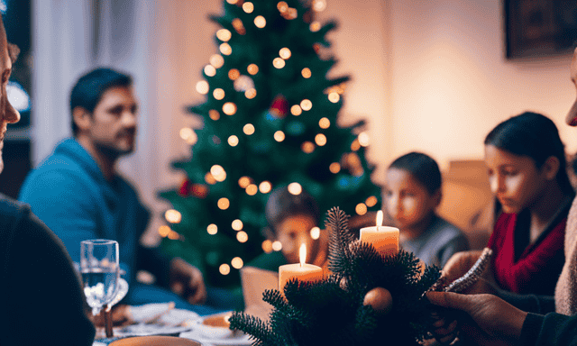 An image depicting a cozy Christmas scene in Argentina: A family gathered around a beautifully decorated tree, sipping yerba mate from gourd-shaped cups amidst twinkling lights, with a subtle aroma of mate leaves in the air