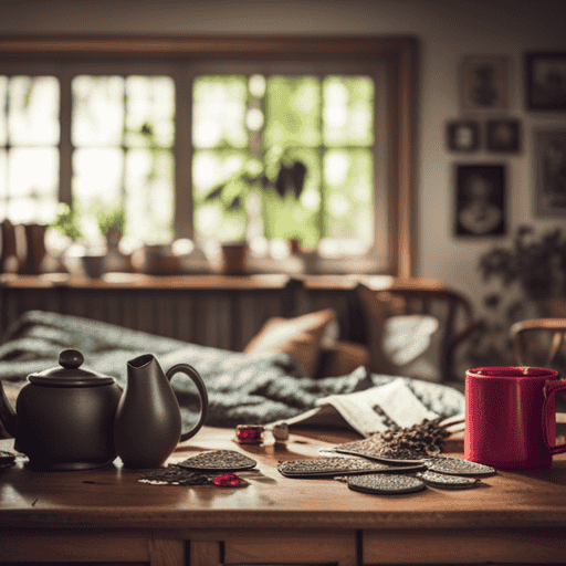 An image showcasing a cozy, cluttered kitchen table adorned with an eclectic mix of anarchist literature, hand-stitched patches, a worn-out teapot, and an assortment of vibrant herbal tea leaves scattered artistically in mismatched mugs