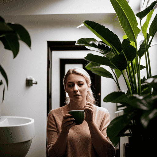 An image showcasing a person drinking herbal tea while surrounded by a variety of potted plants, symbolizing the diuretic properties of herbal tea