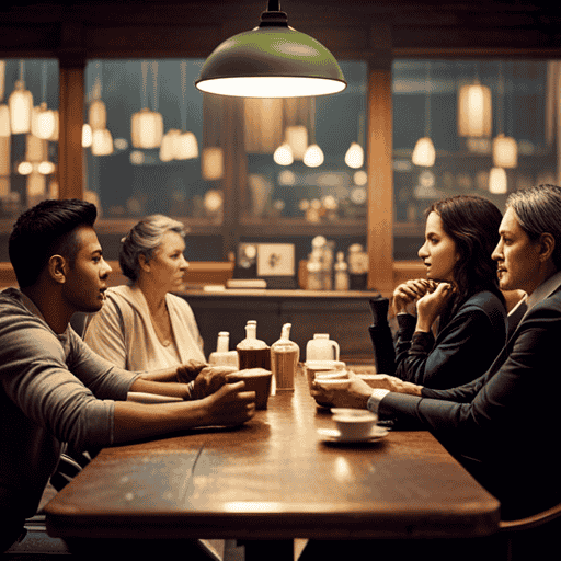 An image featuring a cozy, dimly lit café scene with a group of people seated around a large wooden table